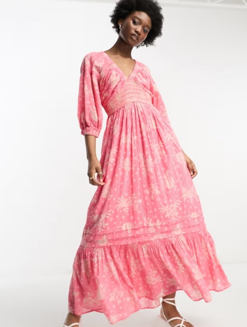 Free People Pink Floral V-Neck Boho Smock Maxi Dress